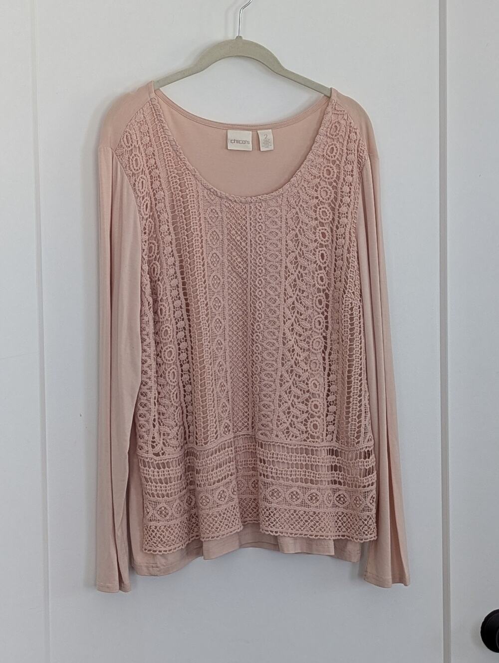 Chico's Size 2 (L/12) Crochet Lace Front Long Sleeve Top Blush Pink Boho